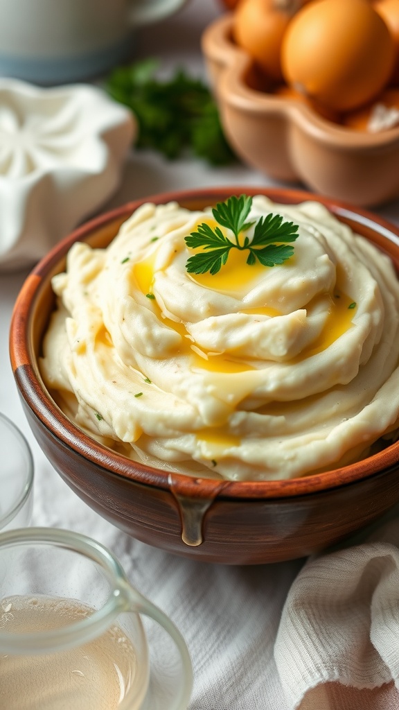 Creamy garlic mashed potatoes in a rustic bowl, garnished with parsley.